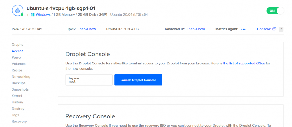 Click Launch Droplet Console để mở console